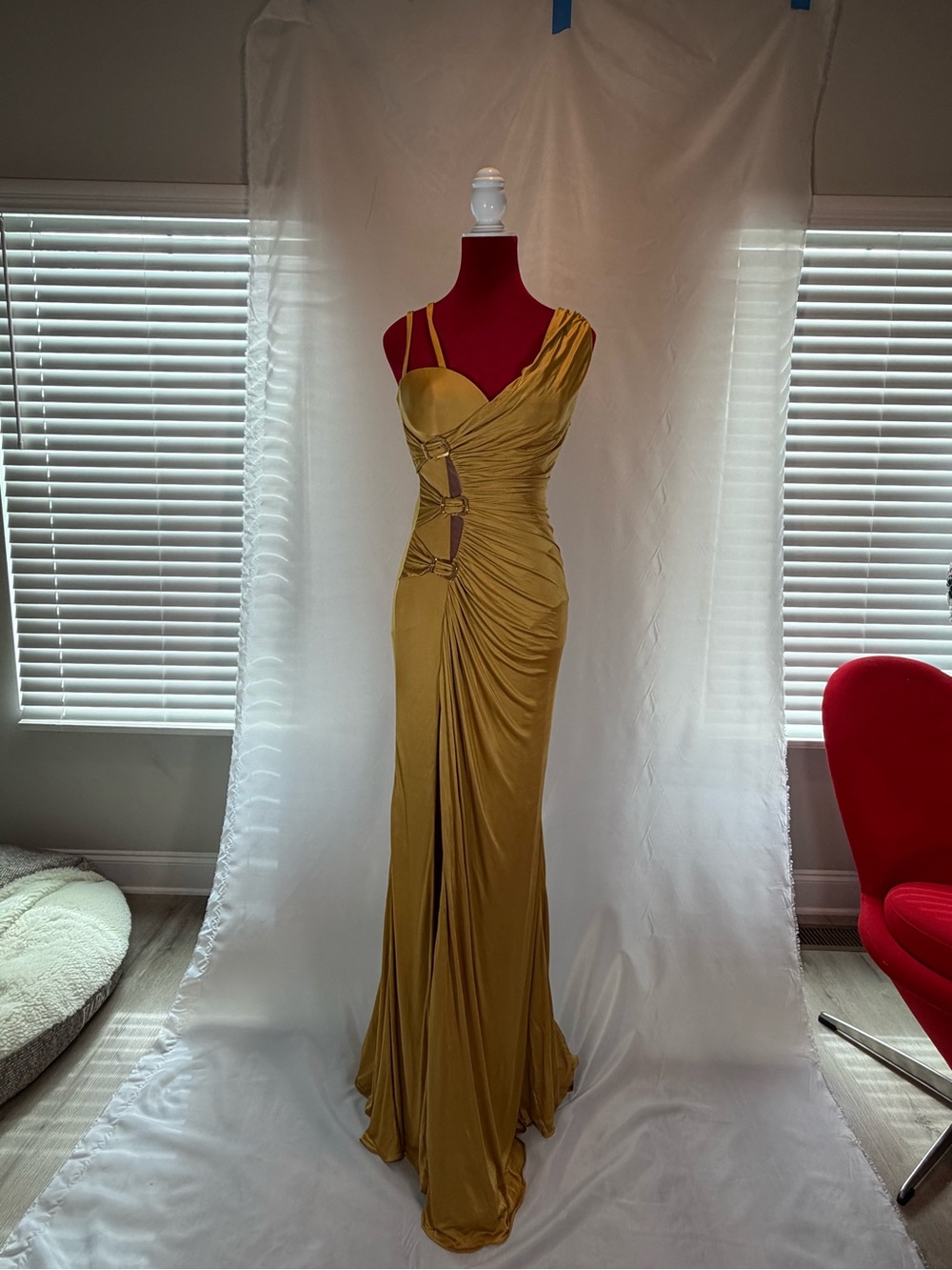 Versace Gold-Mustard Cutout Ruched Evening Gown